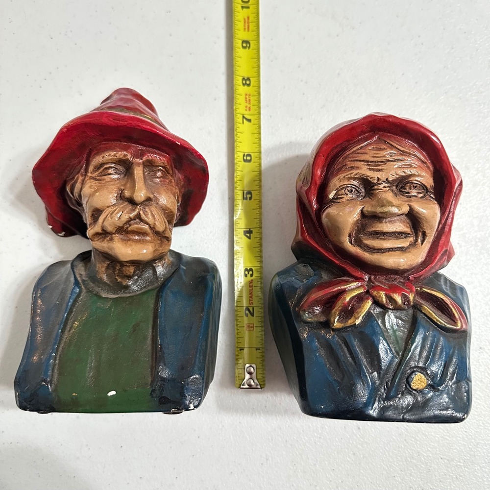 Vintage Mexican Folk Art Elderly Peasant Couple Chalkware Bust Bookends Rustic